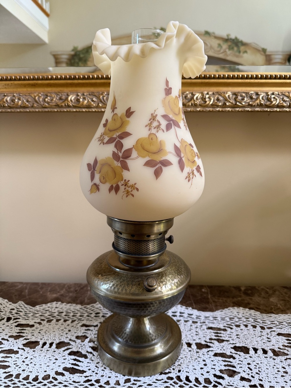 Vintage Fenton Chocolate Roses On Cameo Hurricane Lamp Hand painted By C. Moore